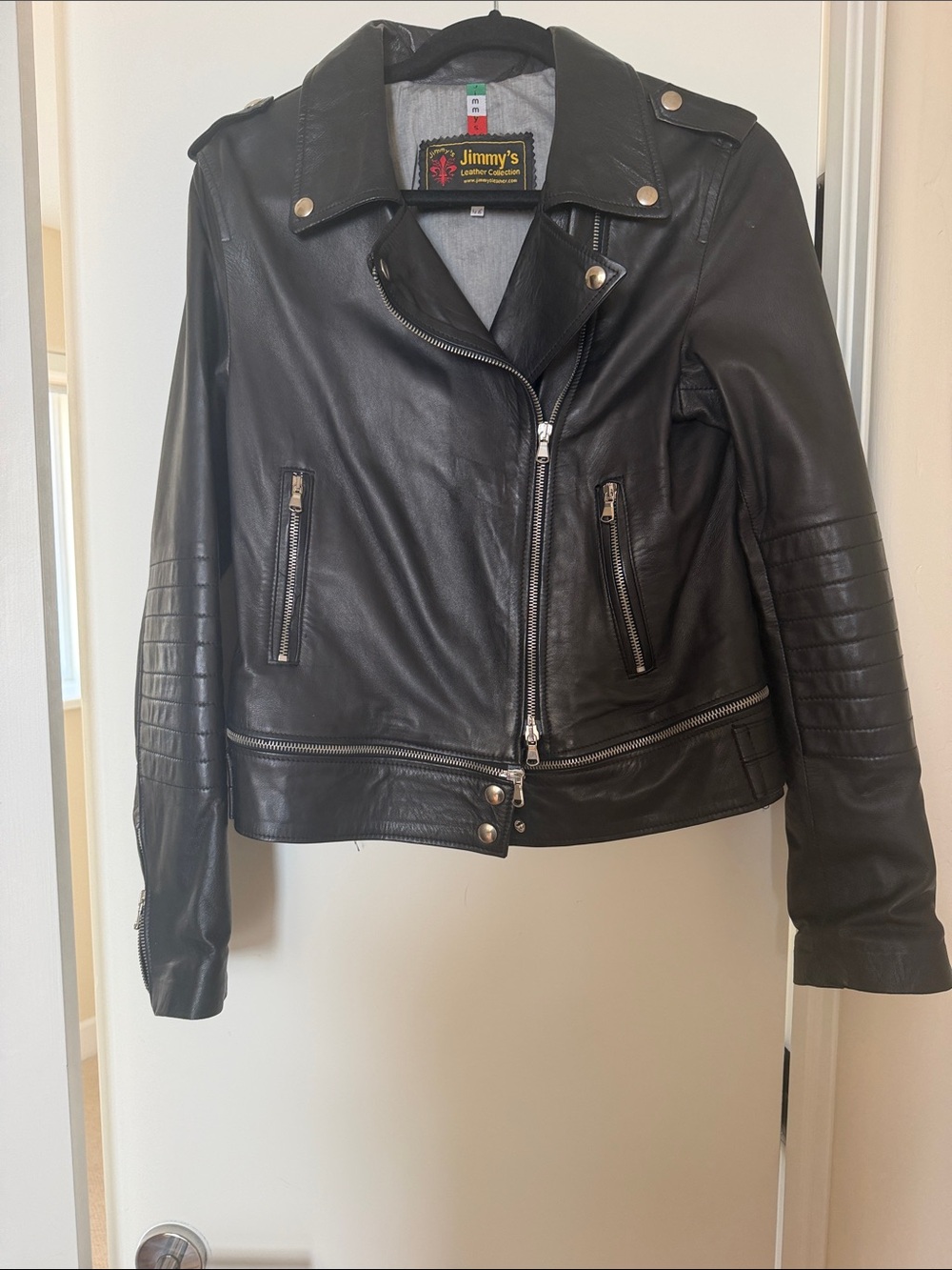 Vera Pelle Black Leather Moto Jacket with Quilted Sleeves